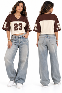 Women's Cropped Varsity T-Shirt | Oversized Two Tone <b>Baseball</b> <b>Tee</b> | Custom Number Graphic Streetwear Top | OEM ODM Manufacturer - Product Image 1
