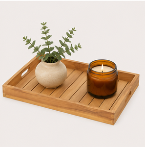 Bandeja de servir hecha a mano de madera de teca maciza, premium, ecológica, rectangular grande, con asas empotradas para el hogar. - Product Image 6