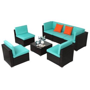 Set da Giardino in Rattan Marrone Sfumato 7 Pezzi con Cuscini Blu Lago, Imballato Sottovuoto - Product Image 5
