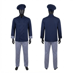 Premium Unisex <b>Chef</b> Uniform 200 GSM Poly Cotton Broadcloth Navy Blue Half Sleeve Jacket Gingham Trousers <b>Chef</b> <b>Hat</b> Embossed Logo - Product Image 1
