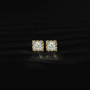 IGI Certified Princess Cut Diamond <b>Stud</b> <b>Earrings</b> with Twisted Rope Frame Luxury Ear Jewelry Simple Diamond <b>Earrings</b> with VVS-VS - Product Image 1