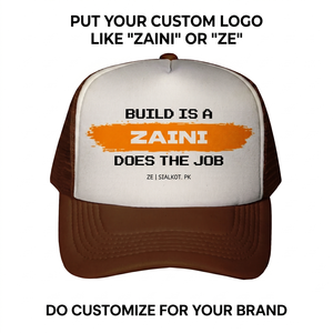 Gorra Trucker Premium de Cinco Paneles, 320 GSM, Algodón y Poliéster, Parte Delantera Blanca y Marrón, Parte Trasera de Malla, con Logotipo Personalizado - Product Image 1