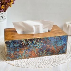 Boîte à mouchoirs en bois vintage, faite à la main, décorative, bleu et or, motif floral, écologique, décoration d'intérieur - Product Image 1