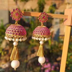 Ethnic Kemp Jhumki Drop Earrings with Pearl and Geometric Tassel Design - Product Image 3