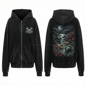 Custom Mens Streetwear Hoodie Deep Sea Crab Graphic Oversized Acid Wash Zip Up Hoody Vintage Heavyweight Sweatshirt Supplier - Product Image 1