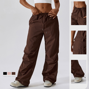 Pantalones Cargo Marrones para Mujer, Cintura Alta, Cordón Ajustable, Corte Holgado, Largos, Color Sólido, 100% Poliéster, Estilo Casual Otoñal - Product Image 1