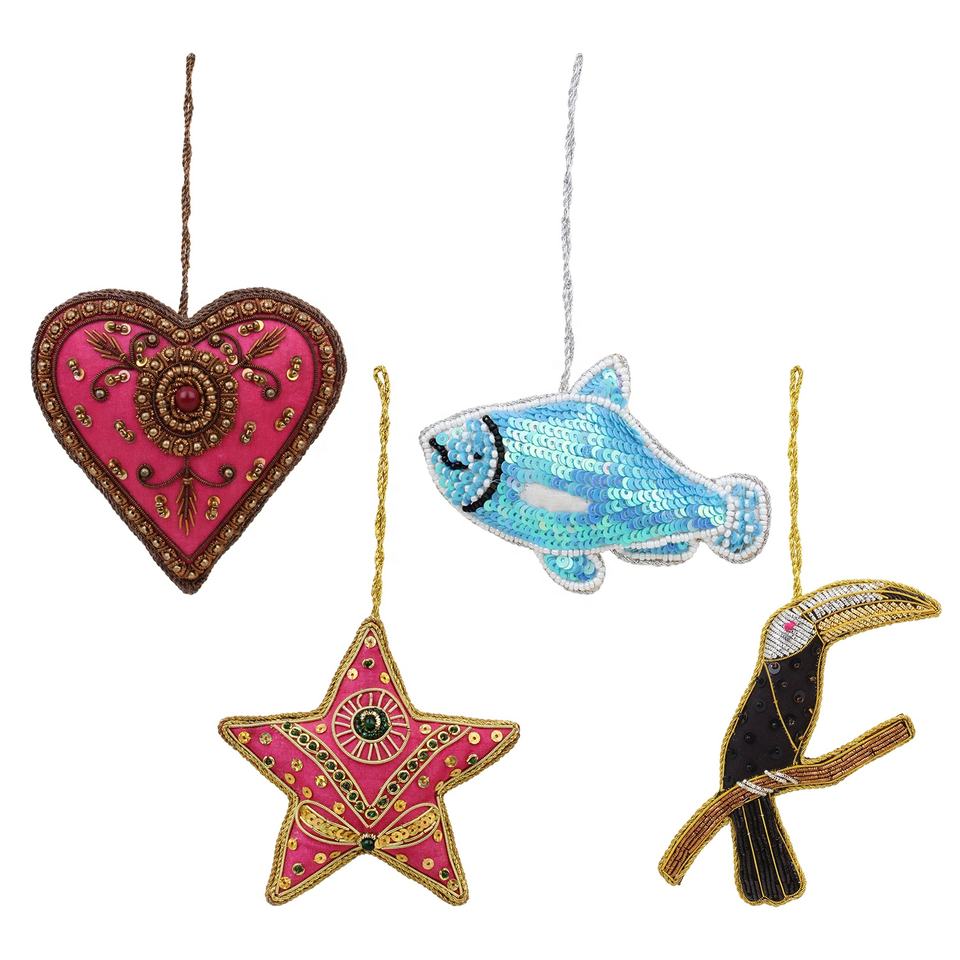 Handmade Christmas Decorations Embroidered Beaded Lama Santa Socks Velvet Satin Flying Sparrow Elephant Eagle & Bee Tree Shape