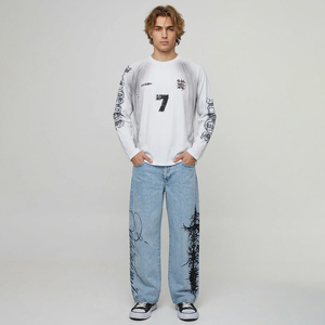 Jean droit délavé pour homme – Qualité supérieure, streetwear, impression personnalisée, coupe décontractée, taille mi-haute - Product Image 4