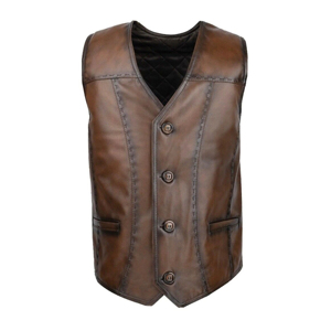 Gilet Homme 100% Cuir Véritable Marron Col V Simple Boutonnage Fermeture Éclair Décontracté Style Urbain Hiver - Product Image 2