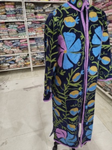 <b>Women</b> Long Velour <b>Robe</b> Full Length Mandarin Collar Hand Embroidered Floral Pattern Zipper Closure Winter Cozy Soft Outerwear - Product Image 2