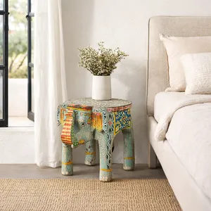 Hand Painted Wooden <b>Elephant</b> Side <b>Table</b> With Floral Design Antique Style Home Decor Furniture For Bedroom Or Living Room - Product Image 1
