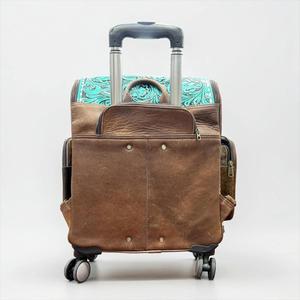 Western Rolling <b>Backpack</b> Cowhide Print Leather Zipper Closure Bohemian Style Unisex Travel Bag with <b>Wheels</b> - Product Image 3