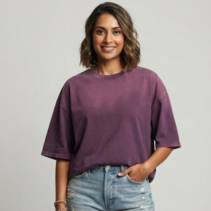 T-shirt décontracté ample à col rond et manches courtes pour femme, effet délavé soleil, coupe ample, style vintage, délavé à l'acide, pour femme - Product Image 1