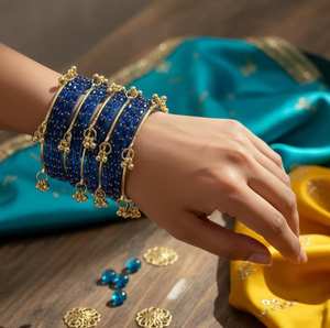 Premium Gold Plated Trendy Multi-Tone Glass & Pearl Kashmiri <b>Bangle</b> <b>Set</b> Ombre Finish Glitter Accents Traditional Wedding - Product Image 5