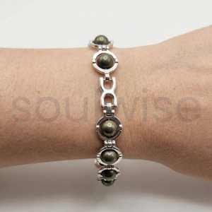 Divine Solutions Pyrite <b>Beads</b> <b>Bracelet</b> with Sterling Silver Chain Unisex Peace Design Gift for Hindus - Product Image 2
