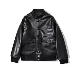 Unisex PU Leather Waterproof <b>Vintage</b> <b>Bomber</b> <b>Jacket</b> Stand Collar Single Breasted Casual Autumn Regular Fit Solid Color Front - Product Image 2