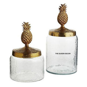 Conteneur avec couvercle en verre doré, ustensiles de cuisine pour le rangement, lot de 2 boîtes en métal en forme d'ananas, sucre, thé et épices - Product Image 1