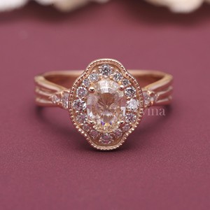 Oval Cut Champagne Diamond <b>Ring</b> 18K Rose / Yellow & White Gold Vintage Halo Diamond <b>Ring</b> Women Engagement Fine Jewelry - Product Image 1