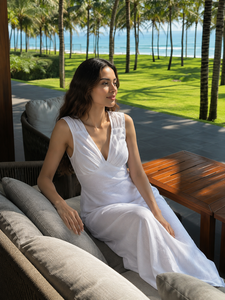 Premium Cotton Linen Asymmetrical Neckline Deep V Maxi Dress Women | Elegant Sleeveless A-Line Beach Dress Ruched <b>Decoration</b> | - Product Image 5