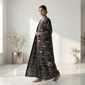 Polyester Modest <b>Eid</b> Nightclub Flower Embroidery Abaya Modern Open Front Muslim Cardigan Kimono Kaftan Islamic Robe Wholesale - Product Image 3