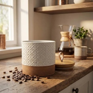 Rustic Ceramic Storage Canister Wooden <b>Lid</b> Embossed Texture Airtight Kitchen Jar Premium Countertop Organizer Farmhouse <b>Decor</b> - Product Image 6