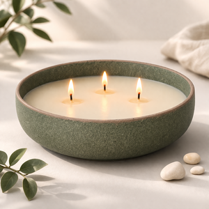 Green Matte Ceramic <b>Candle</b> Vessel Wide Bowl Thick Wall Heat Resistant Triple Wick Luxury Reusable Home Decor Holder - Product Image 1
