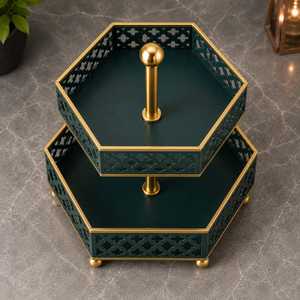 Support à gâteau rond à deux niveaux en acier inoxydable écologique, vert et or, présentoir de luxe pour desserts, comptoir de cuisine - Product Image 2