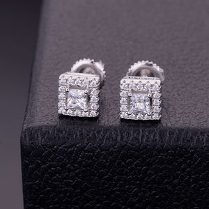 925 Sterling Silver Square Moissanite Stud <b>Earrings</b> <b>Gold</b> Plated Princess Cut Halo Crown <b>Screw</b> <b>Back</b> Fine Jewelry Unisex - Product Image 1