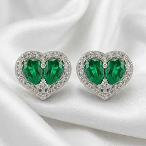 Lab Grown Pear-Cut Emerald and <b>Round</b> Diamonds Heart-Shaped Women Micro Pave Stud Earrings for wedding and party occasions - Product Image 2