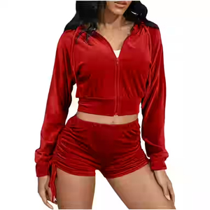 Women Solid Polyester Velour 2-Piece Tracksuit Set <b>Zip</b>-<b>Up</b> <b>Crop</b> Top and Shorts Full-<b>Zip</b> Autumn Casual Wear - Product Image 3