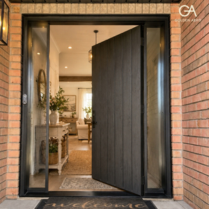 Porte d'entrée contemporaine en bois massif avec panneaux latéraux en verre dépoli pour usage extérieur GA-38L - Product Image 4