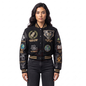 Chaquetas Varsity con Logotipo de Diseño Personalizado, Chaquetas de Béisbol con Mangas de Cuero, Chaquetas Cortas para Mujer, Chaqueta Deportiva Universitaria - Product Image 3
