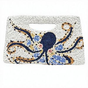 Bolso de Mano de Lujo Hecho a Mano con Cuentas de Perlas Blancas y Azules Acrílicas, Bordado de Pulpo, Casual, para Regalo de Boda, Fiesta Nocturna, para Mujer - Product Image 3
