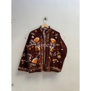 Veste en velours marron pour femme, col mandarin, boutons en corne, broderie florale faite à la main, style Prairie Chic, manteau d'hiver - Product Image 3