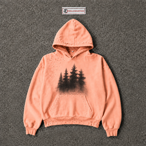 Sudadera con Capucha Extra Grande Personalizada Color Durazno con Gráfico de Árbol del Bosque Negro, Estilo Vintage Desgastado, Sudadera Informal para Hombre y Mujer - Product Image 5