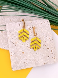 Handmade Beaded <b>Earrings</b> Yellow Gold Tone Geometric Pattern Fashion Statement Jewelry - Product Image 3