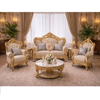 Juego de Sala de Estar Moderno de Madera de Teca de Lujo Estilo Maharani, Acabado Dorado, Juego de Sofás Cómodos de Alta Calidad, Mesa de Centro Personalizada