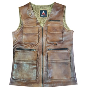 Premium Brown Genuine Leather <b>Utility</b> <b>Vest</b> with Multiple Cargo Pockets, Front Zipper Closure, D-Ring Details and Outdoor Workwea - Product Image 1