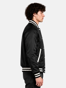 Men's Black Canvas Satin Varsity <b>Jacket</b> with <b>White</b> Trim and Button Closure Regular Fit Casual Streetwear Winter - Product Image 3