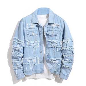 Veste en jean surdimensionnée vintage à col rabattu en toile enduite 100 % coton tricoté respirant coupe-vent antibactérien pour homme - Product Image 2