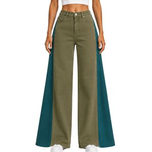Vaqueros anchos de mujer en verde oliva y azul turquesa, de cintura alta, con paneles en contraste, pantalones de mezclilla, estilo casual y urbano. - Product Image 1