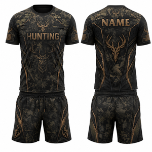 Ensemble de chasse pour homme MEGAMAPLE à motif floral, chemise à manches courtes et short, respirant, en polyester, pour l'été, vêtements d'extérieur, logo sur le devant - Product Image 1