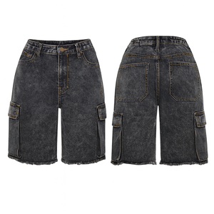 <b>Women</b> Acid-Wash <b>Cargo</b> Denim Shorts High Waist Crystal Distressed Knee-Length Frayed Hem Multi-Pocket Streetwear Summer - Product Image 2