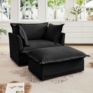 Set di 2 grandi poltroncina in morbido tessuto di ciniglia con poltroncina ottomana sedile profondo W/ampio Set di poltrone da soggiorno in ottomana nero - Product Image 1