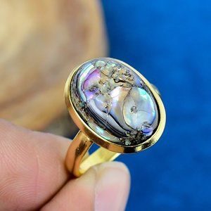 Natural <b>Abalone</b> <b>Shell</b> Oval Cab Gemstone 18k Gold Plated Bezel Handmade Fusion Ring For Women - Product Image 3
