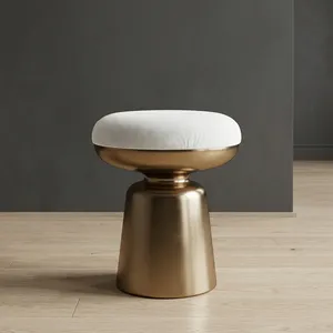 Modern Upholstered Round <b>Stool</b> with Brass Metal Pedestal Base Luxury Accent Seating Ottoman for Living Room Bedroom <b>Vanity</b> Decor - Product Image 4