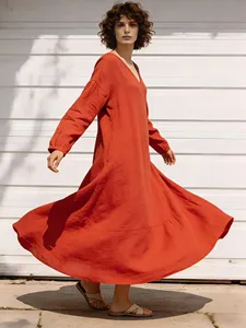 Women Plain Red <b>Boho</b> Maxi <b>Dress</b> Deep V Neck <b>Long</b> Lantern Sleeve Loose Oversized Casual Floor Length <b>Dress</b> - Product Image 3
