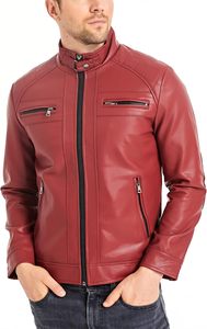 <b>Men</b> Red PU <b>Leather</b> Moto Biker <b>Jacket</b> Zipper Front Stand Collar Slim Fit Solid Color Regular Sleeve Autumn Style - Product Image 6