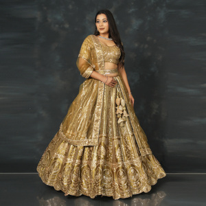 ชุดเลเฮนกา โจลี ดูปัตตา ผ้าไหมประดับตกแต่งแบบดั้งเดิมของอินเดีย ออกแบบโดยดีไซเนอร์ชาวอินเดีย |   ชุดงานแต่งงานประดับเลื่อมลายซารีสำหรับผู้หญิง - Product Image 3