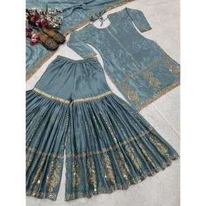 Conjunto de Fiesta de Diseño Artesanal de Satén (Top, Pantalón y Dupatta) con Bordado y Cintura Natural - Product Image 3